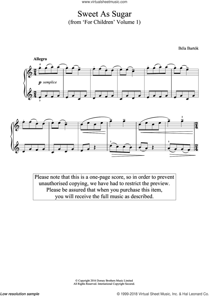 Sweet As Sugar (from 'For Children', Volume 1) sheet music for piano solo by Bela Bartok and Bela Bartok, classical score, easy skill level