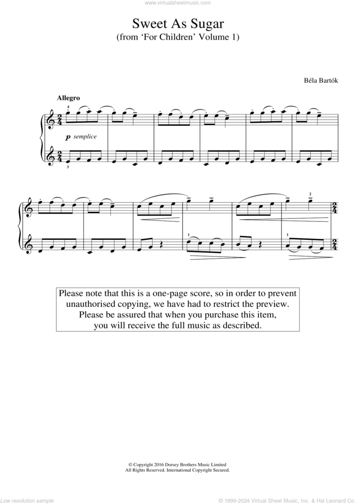 Sweet As Sugar (from 'For Children', Volume 1) sheet music for piano solo by Bela Bartok and Bela Bartok, classical score, easy skill level