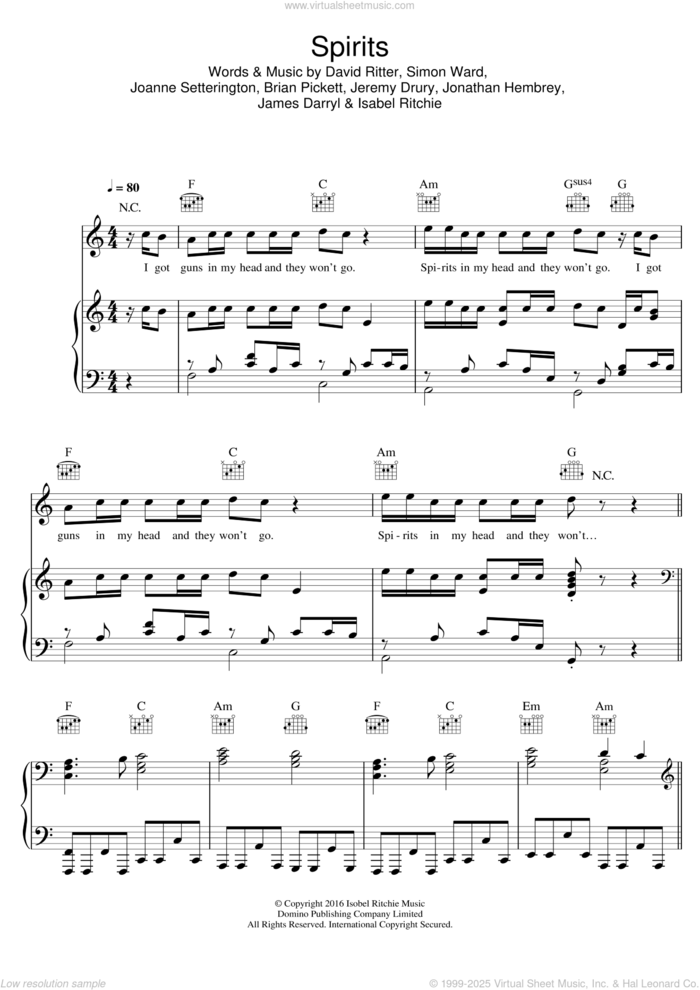 Spirits sheet music for voice, piano or guitar by The Strumbellas, Brian Pickett, David Ritter, Isabel Ritchie, James Darryl, Jeremy Drury, Joanne Setterington, Jonathan Hembrey and Simon Ward, intermediate skill level