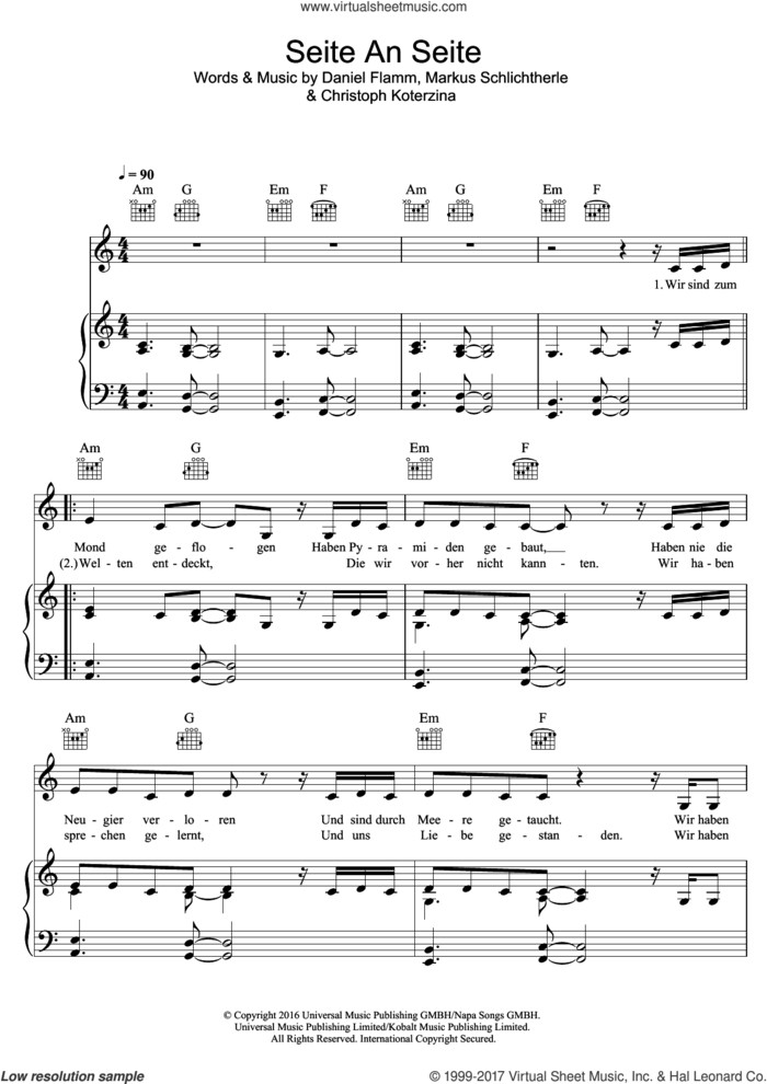 Seite An Seite sheet music for voice, piano or guitar by Christina Stürmer, Christina Sturmer, Christoph Koterzina, Daniel Flamm and Markus Schlichtherle, intermediate skill level