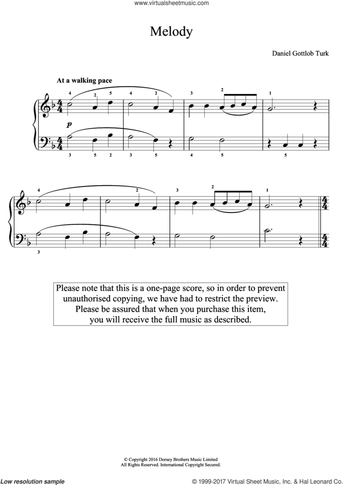 Melody sheet music for piano solo by Daniel Gottlob Turk and Daniel Gottlob Turk, classical score, easy skill level
