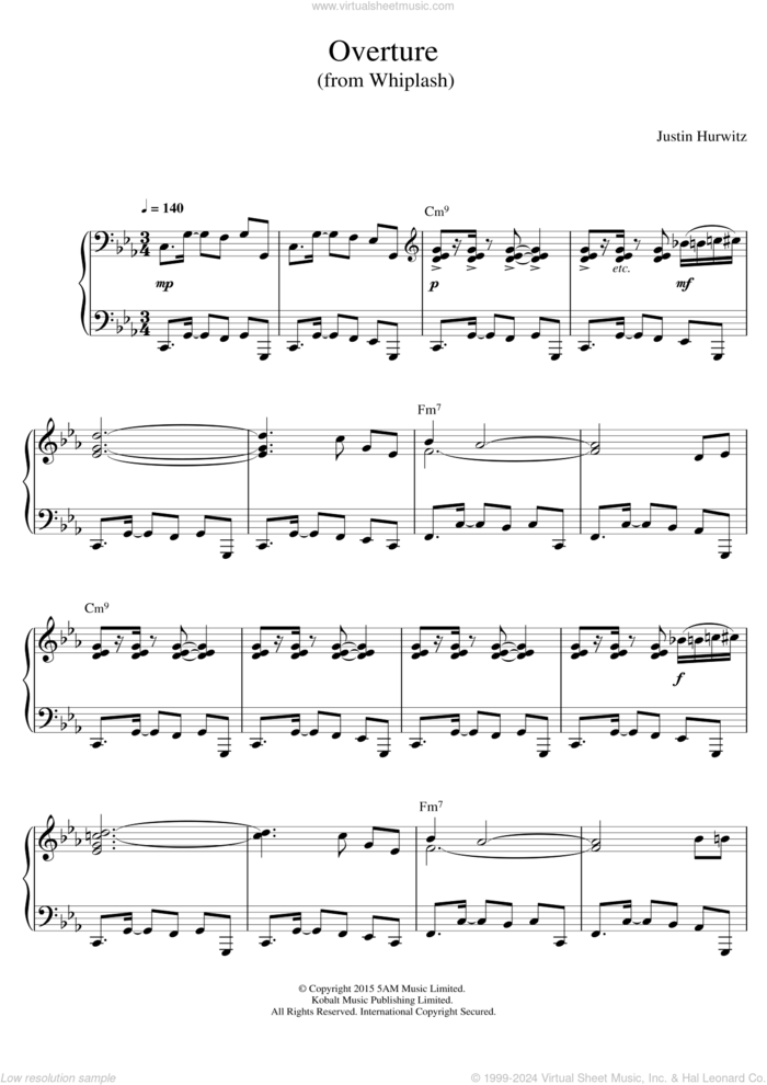 Overture (from Whiplash) sheet music for piano solo by Justin Hurwitz, intermediate skill level