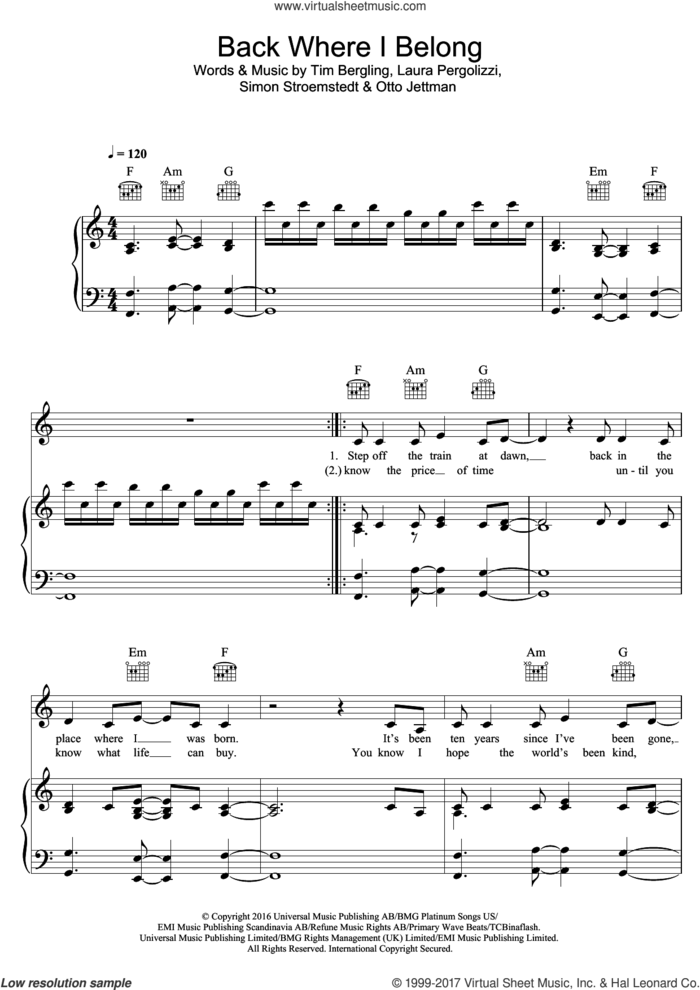 Back Where I Belong (featuring Avicii) sheet music for voice, piano or guitar by Otto Knows, Avicii, Otto Knows feat. Avicii, Laura Pergolizzi, Otto Jettman, Simon Stroemstedt and Tim Bergling, intermediate skill level