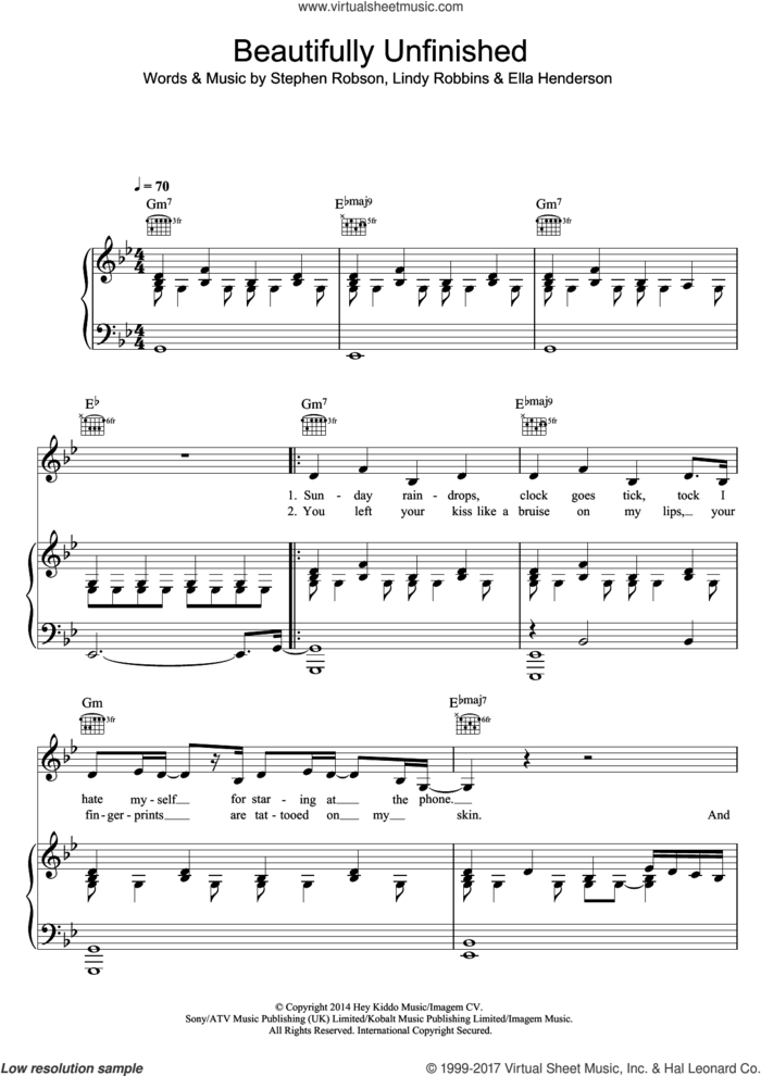 Beautifully Unfinished sheet music for voice, piano or guitar by Ella Henderson, Lindy Robbins and Steve Robson, intermediate skill level