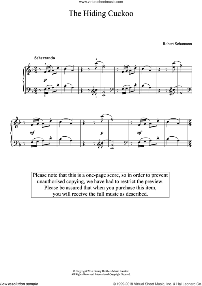 The Hiding Cuckoo sheet music for piano solo by Robert Schumann, classical score, easy skill level