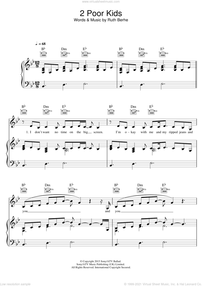 2 Poor Kids sheet music for voice, piano or guitar by Ruth B and Ruth Berhe, intermediate skill level