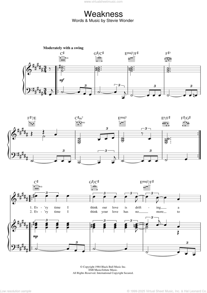 Weakness sheet music for voice, piano or guitar by Dionne Warwick and Stevie Wonder, intermediate skill level