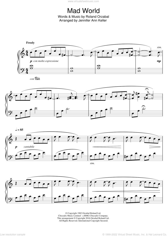 Mad World sheet music for piano solo by Jennifer Ann, Jennifer Ann Keller and Roland Orzabal, intermediate skill level