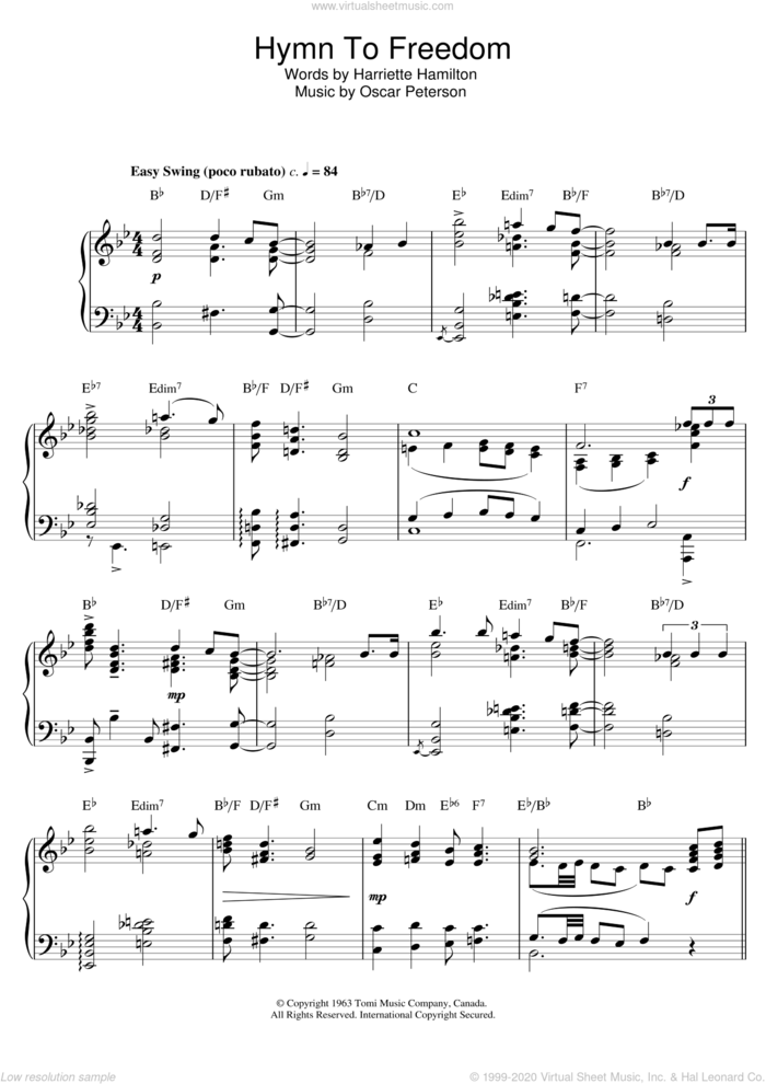 Hymn To Freedom sheet music for piano solo by The Oscar Peterson Trio, Harriette Hamilton and Oscar Peterson, intermediate skill level