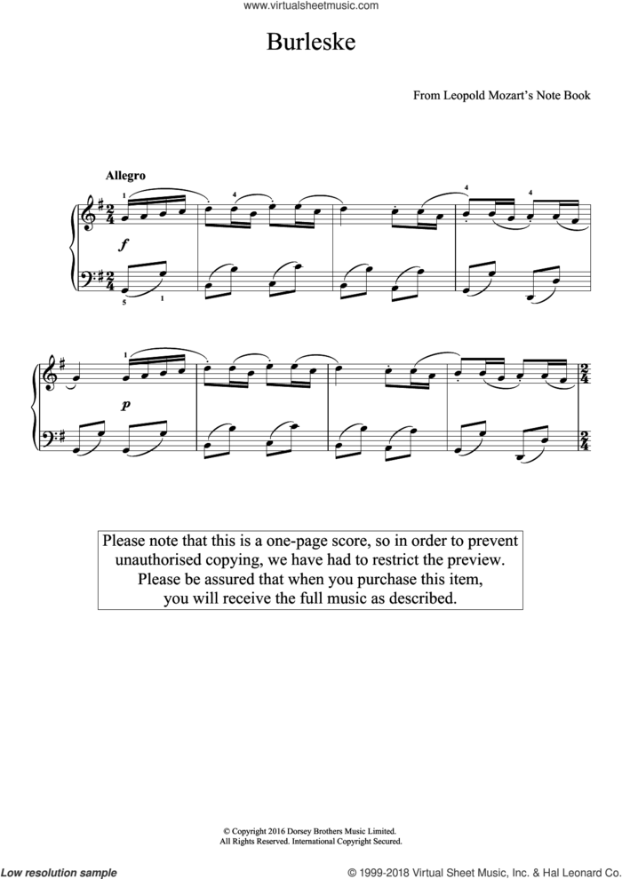 Burleske sheet music for piano solo by Leopold Mozart, classical score, easy skill level