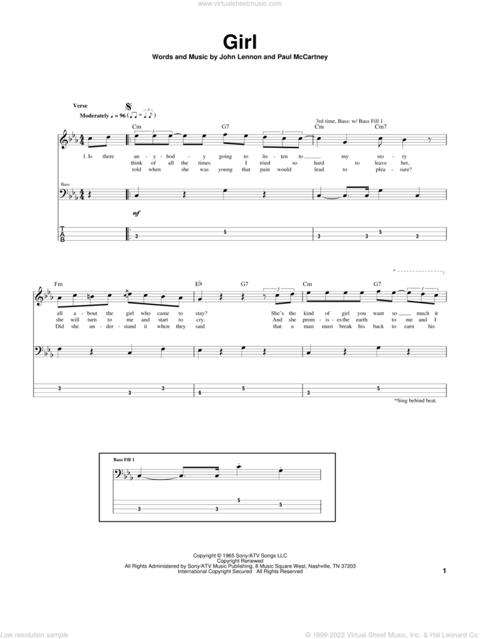Girl sheet music for bass (tablature) (bass guitar) by The Beatles, John Lennon and Paul McCartney, intermediate skill level