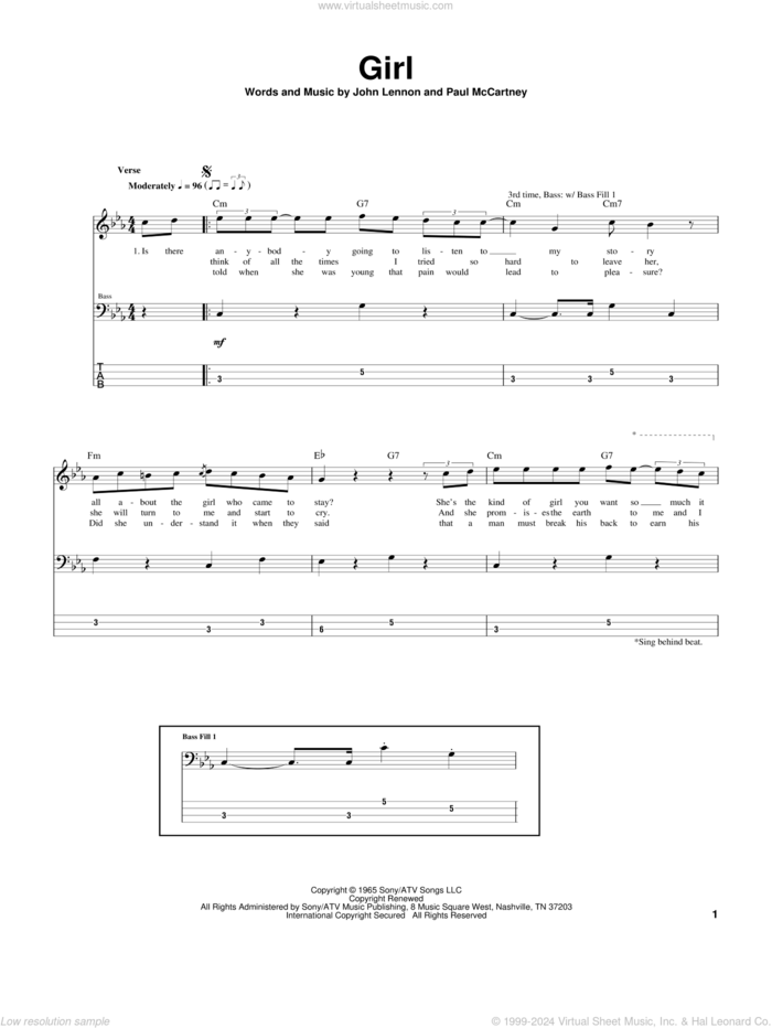 Girl sheet music for bass (tablature) (bass guitar) by The Beatles, John Lennon and Paul McCartney, intermediate skill level