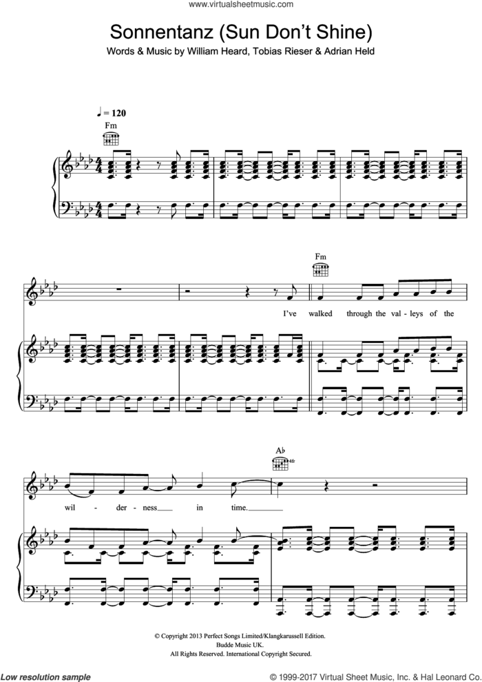 Sonnentanz (Sun Don't Shine) sheet music for voice, piano or guitar by Klangkarussell, Adrian Held, Tobias Rieser and William Heard, intermediate skill level