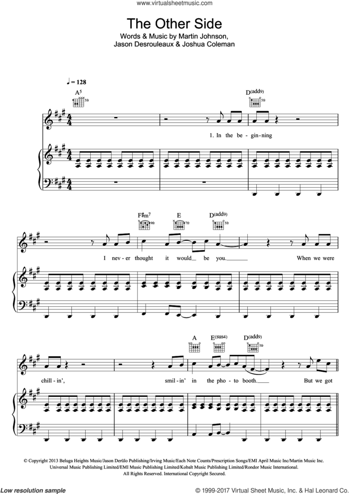 The Other Side sheet music for voice, piano or guitar by Jason Derulo, Jason Desrouleaux, Joshua Coleman and Martin Johnson, intermediate skill level