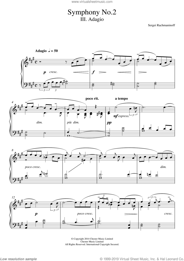 Symphony No.2 - 3rd Movement, (easy) sheet music for piano solo by Serjeij Rachmaninoff, classical score, easy skill level