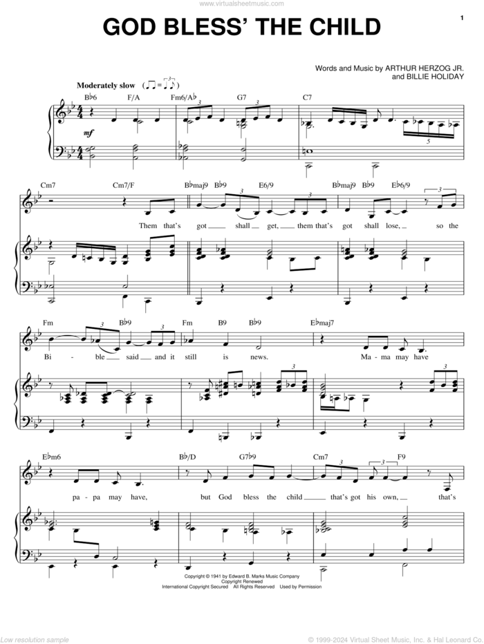 God Bless' The Child sheet music for voice and piano by Billie Holiday and Arthur Herzog Jr., intermediate skill level