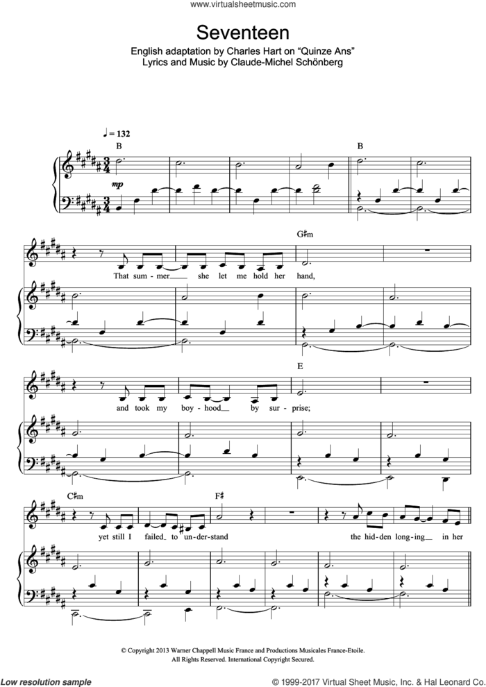Seventeen sheet music for voice and piano by Russell Watson, Charles Hart and Claude-Michel Schonberg, classical score, intermediate skill level