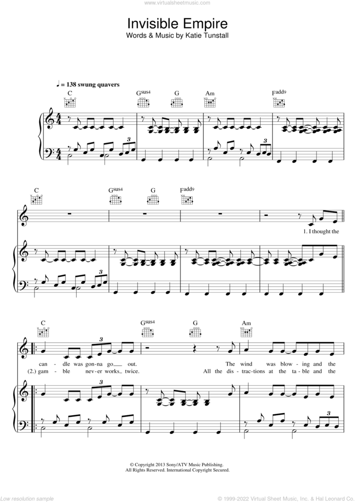 Invisible Empire sheet music for voice, piano or guitar by KT Tunstall, intermediate skill level