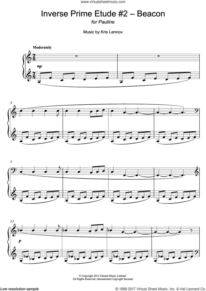 Inverse Prime Etude #2 - Beacon sheet music for piano solo by Kris Lennox, classical score, intermediate skill level