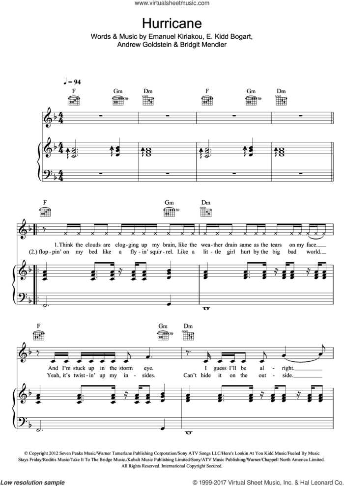 Hurricane sheet music for voice, piano or guitar by Bridgit Mendler, Andrew Goldstein, E. Kidd Bogart and Emanuel Kiriakou, intermediate skill level