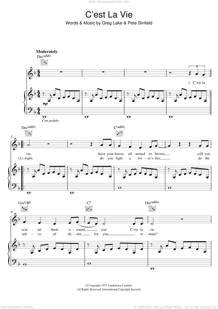 C'est La Vie sheet music for voice, piano or guitar by Emerson, Lake & Palmer, Greg Lake and Pete Sinfield, intermediate skill level