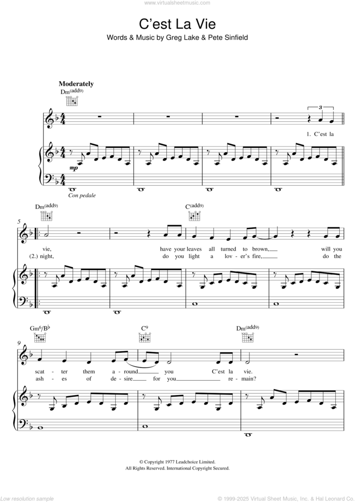 C'est La Vie sheet music for voice, piano or guitar by Emerson, Lake & Palmer, Greg Lake and Pete Sinfield, intermediate skill level