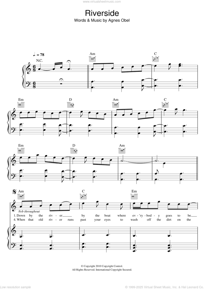 Riverside sheet music for voice, piano or guitar by Agnes Obel, intermediate skill level