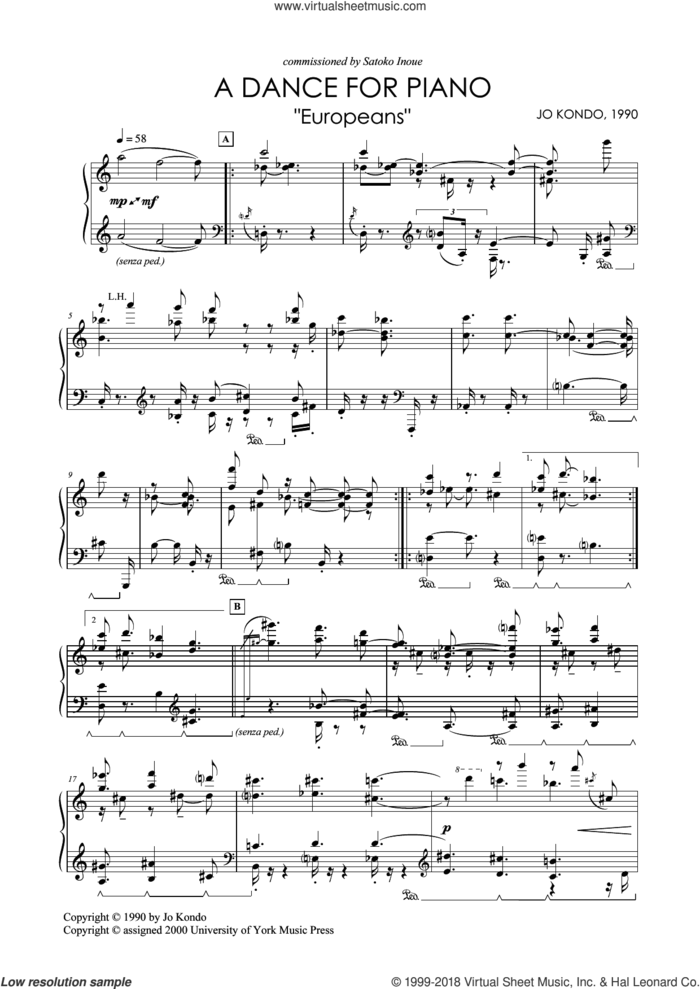 A Dance For Piano, 'Europeans' sheet music for piano solo by Jo Kondo, classical score, intermediate skill level