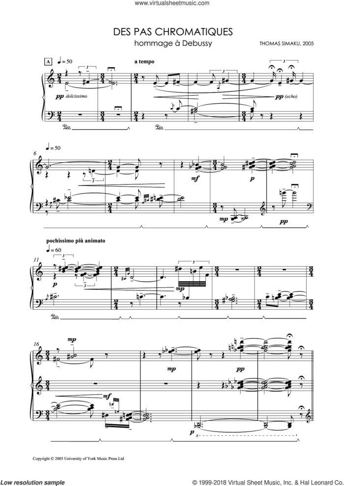 Des Pas Chromatiques - Hommage A Debussy sheet music for piano solo by Thomas Simaku, classical score, intermediate skill level