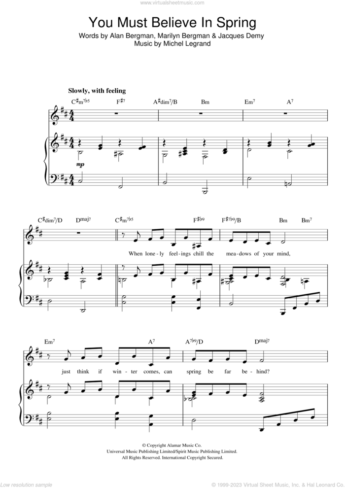You Must Believe In Spring sheet music for voice, piano or guitar by Michel LeGrand, Alan Bergman, Jacques Demy and Marilyn Bergman, intermediate skill level