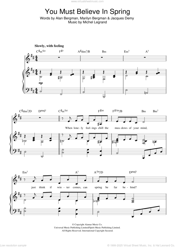 You Must Believe In Spring sheet music for voice, piano or guitar by Michel LeGrand, Alan Bergman, Jacques Demy and Marilyn Bergman, intermediate skill level