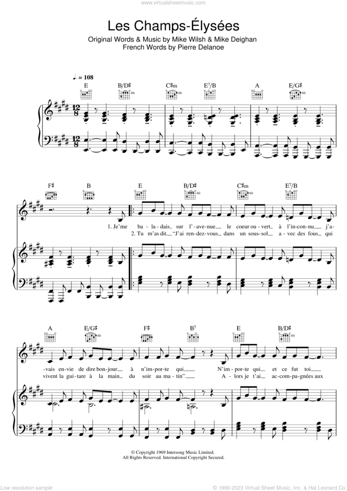Les Champs Elysees sheet music for voice, piano or guitar by Joe Dassin, Mike Deighan, Mike Wilsh and Pierre Delanoe, intermediate skill level