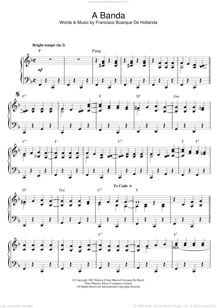 A Banda sheet music for piano solo by Herb Alpert & The Tijuana Brass and Francisco Buarque De Hollanda, intermediate skill level