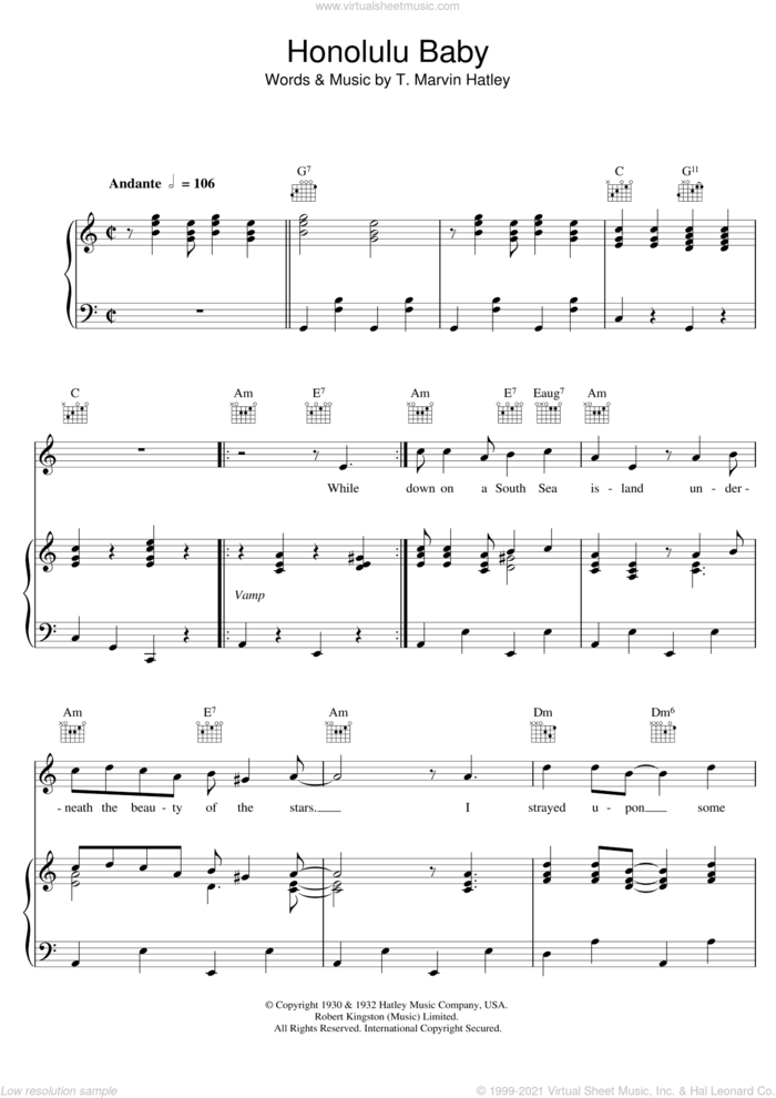 Honolulu Baby sheet music for voice, piano or guitar by T. Marvin Hatley, intermediate skill level