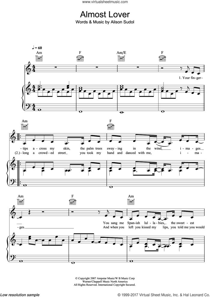 Almost Lover sheet music for voice, piano or guitar by A Fine Frenzy, Jasmine Thompson and Alison Sudol, intermediate skill level