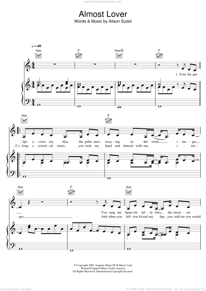 Almost Lover sheet music for voice, piano or guitar by A Fine Frenzy, Jasmine Thompson and Alison Sudol, intermediate skill level