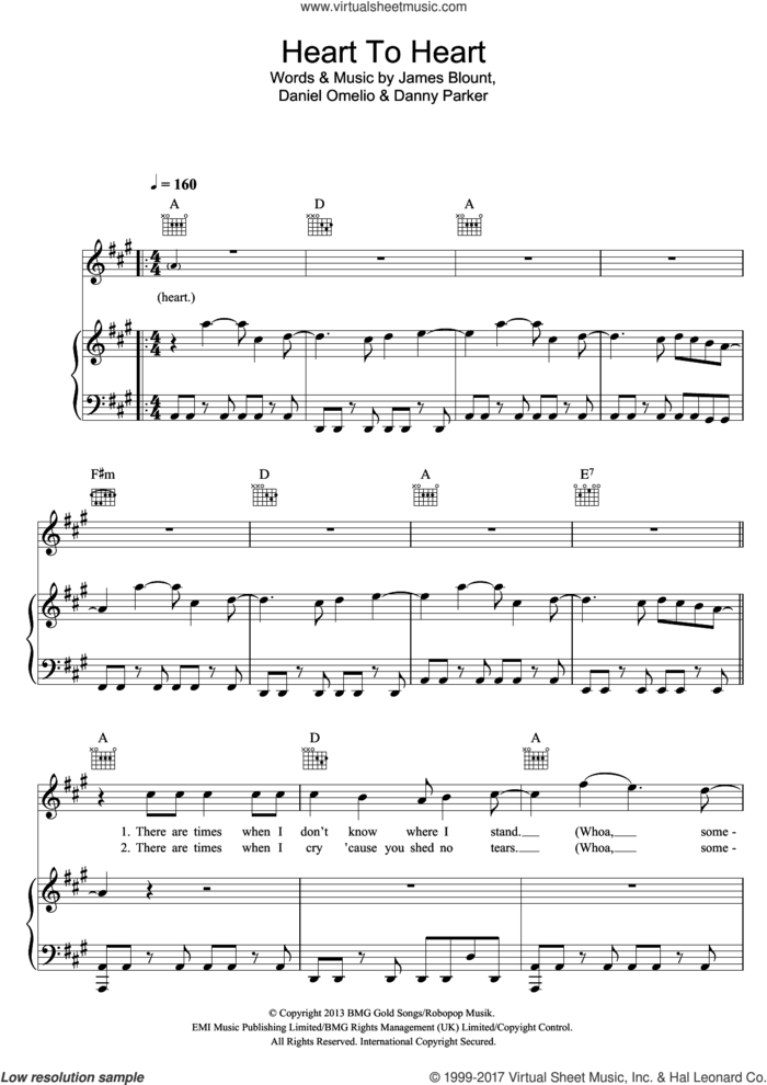 Heart To Heart sheet music for voice, piano or guitar by James Blunt, Daniel Omelio, Danny Parker and James Blount, intermediate skill level