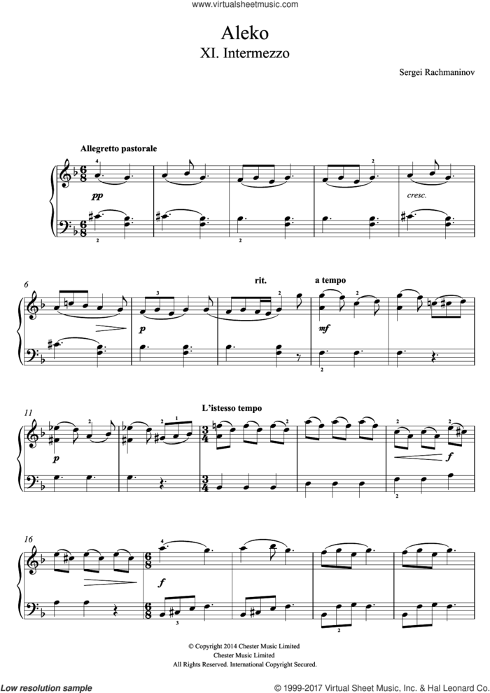 Aleko - No.11 Intermezzo sheet music for piano solo by Serjeij Rachmaninoff, classical score, easy skill level