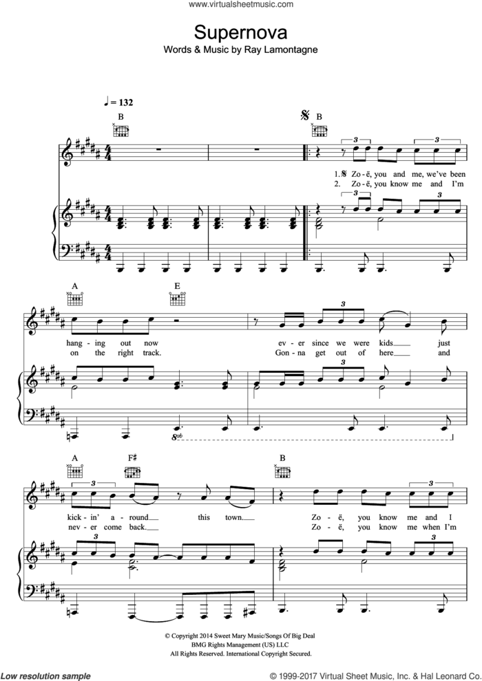 Supernova sheet music for voice, piano or guitar by Ray LaMontagne, intermediate skill level