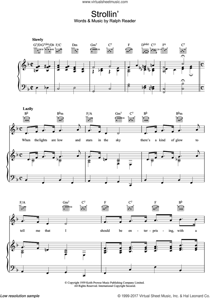 Strollin' sheet music for voice, piano or guitar by Ralph Reader, intermediate skill level