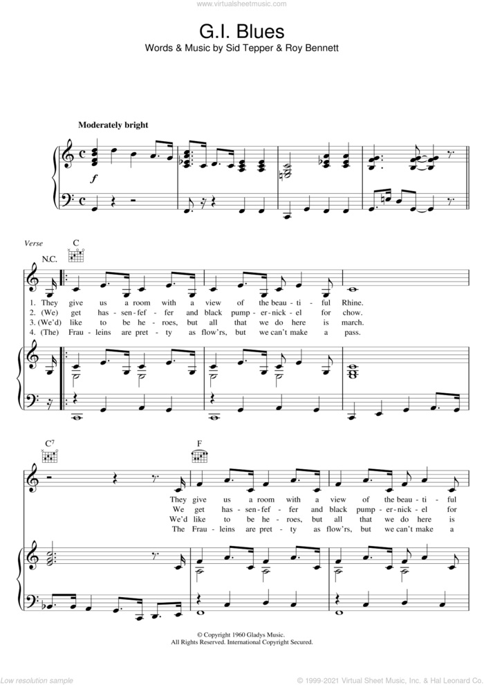 G.I. Blues sheet music for voice, piano or guitar by Elvis Presley, Roy Bennett and Sid Tepper, intermediate skill level