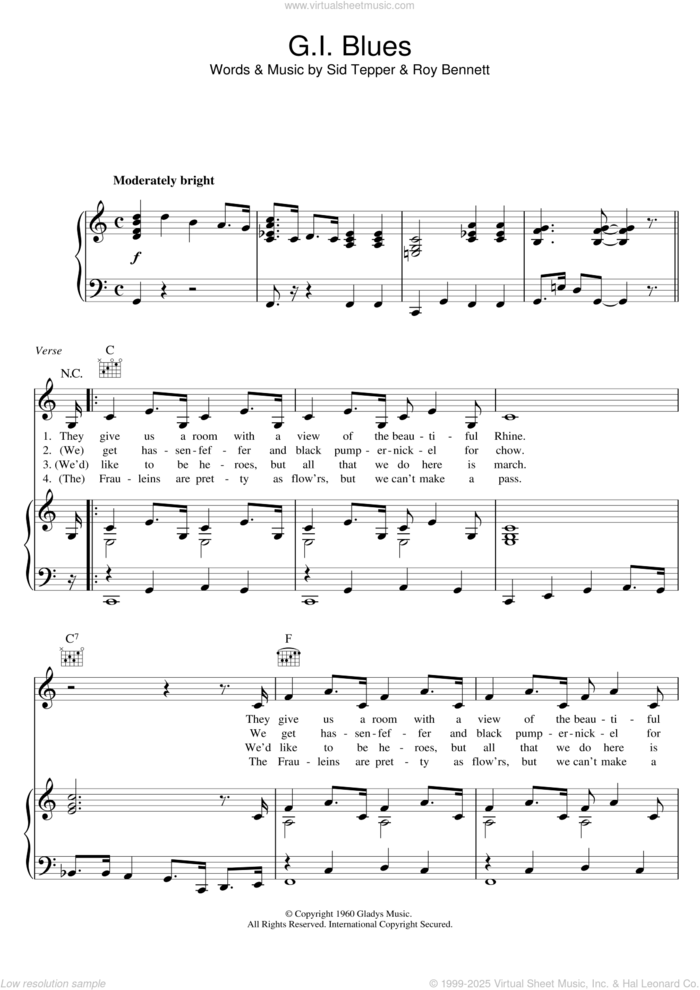 G.I. Blues sheet music for voice, piano or guitar by Elvis Presley, Roy Bennett and Sid Tepper, intermediate skill level