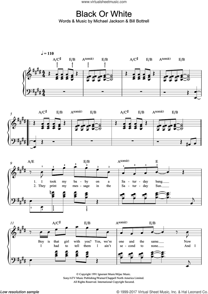 Black Or White sheet music for piano solo by Michael Jackson and Bill Bottrell, easy skill level