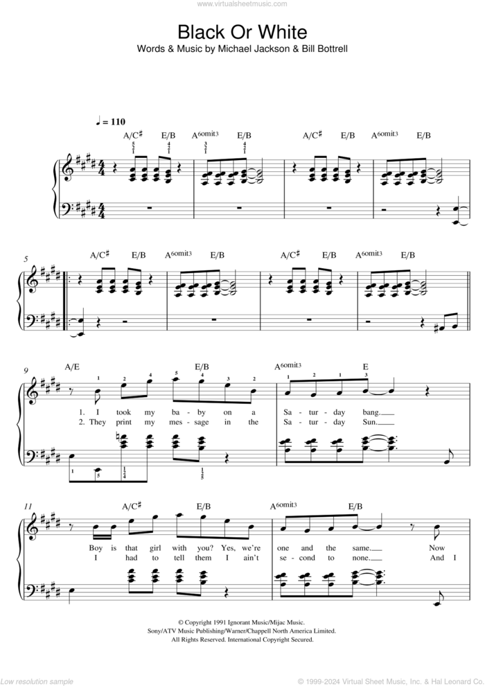 Black Or White sheet music for piano solo by Michael Jackson and Bill Bottrell, easy skill level