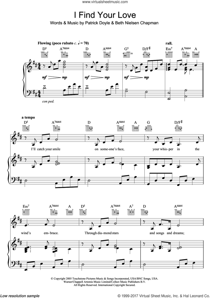 I Find Your Love sheet music for voice, piano or guitar by Beth Nielsen Chapman and Patrick Doyle, intermediate skill level