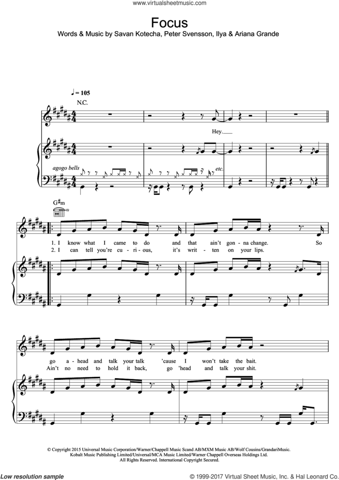 Focus sheet music for voice, piano or guitar by Ariana Grande, Ilya, Peter Svensson and Savan Kotecha, intermediate skill level