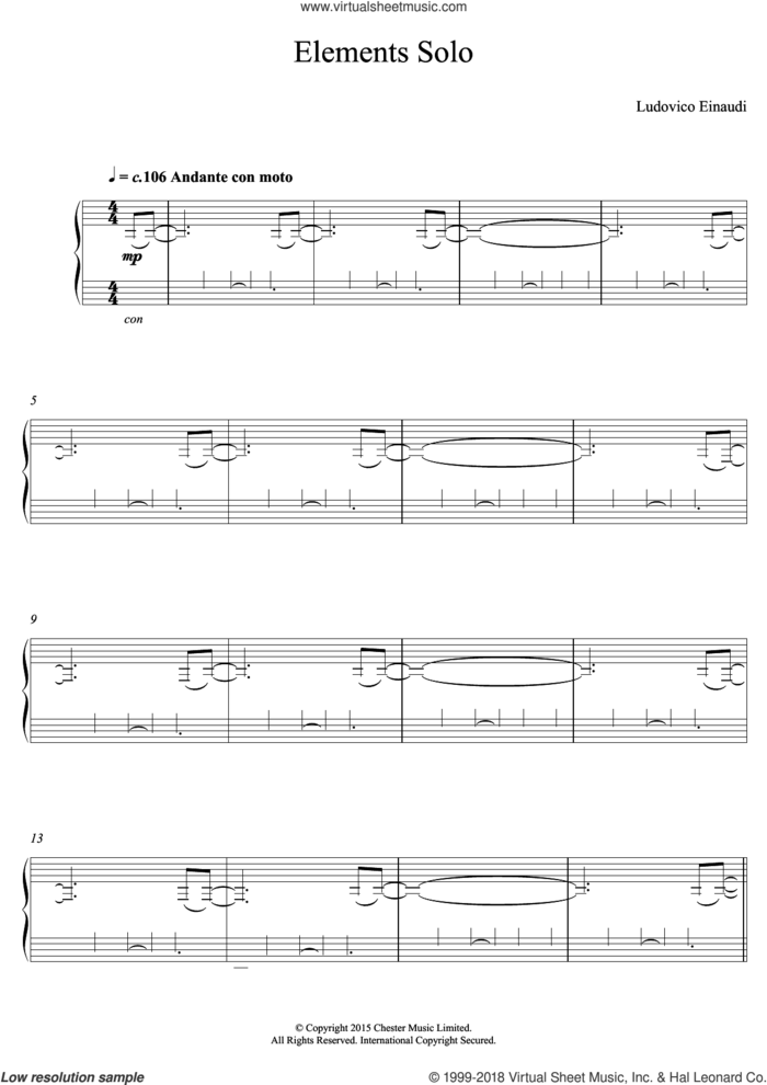 Elements Solo sheet music for piano solo by Ludovico Einaudi, classical score, intermediate skill level