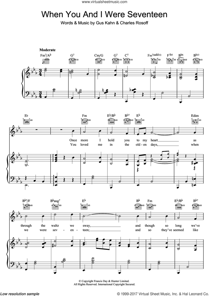 When You And I Were Seventeen sheet music for voice, piano or guitar by Chas Rosoff and Gus Kahn, intermediate skill level