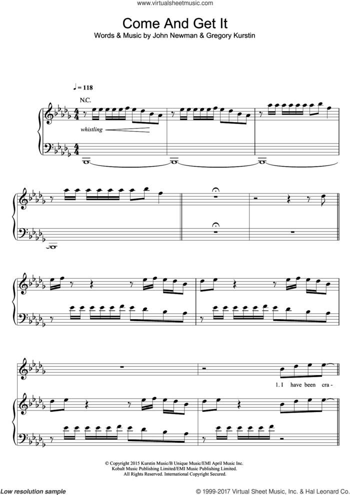 Come And Get It sheet music for voice, piano or guitar by John Newman and Greg Kurstin, intermediate skill level