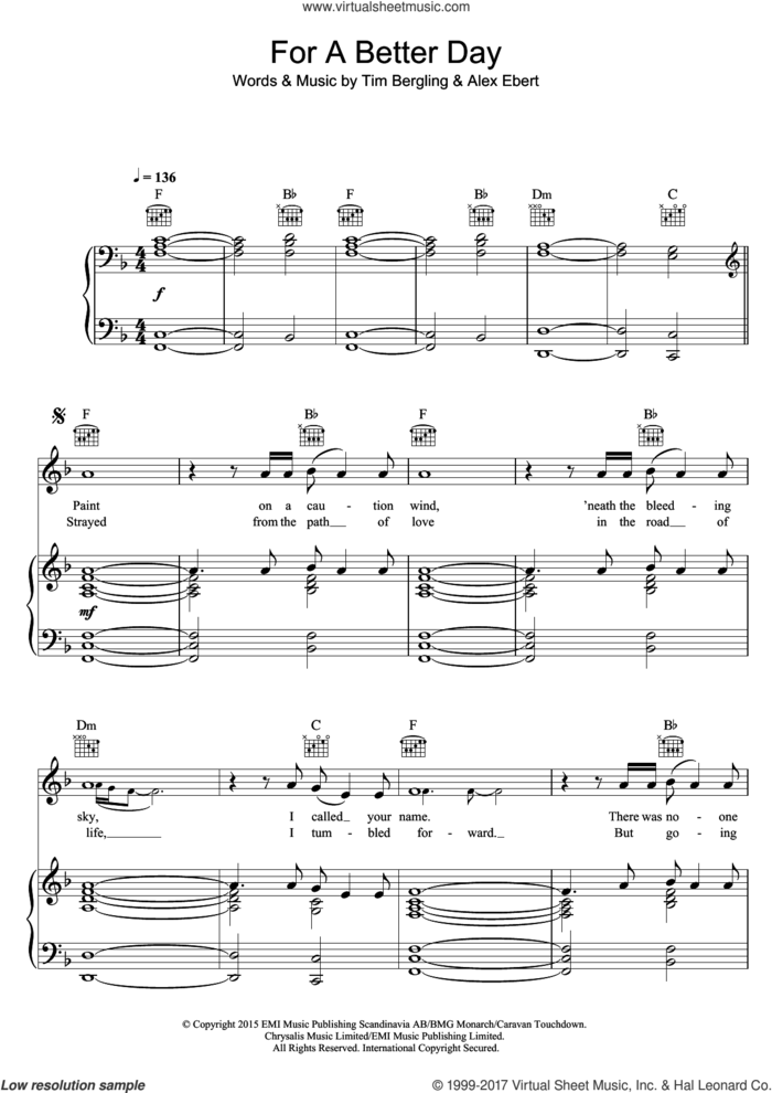 For A Better Day sheet music for voice, piano or guitar by Avicii, Alex Ebert and Tim Bergling, intermediate skill level